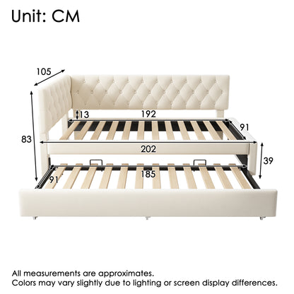 Beige velvet HOMCOM daybed with pull-out trundle for guests and kids, featuring a 3ft single sofa bed and modern design.