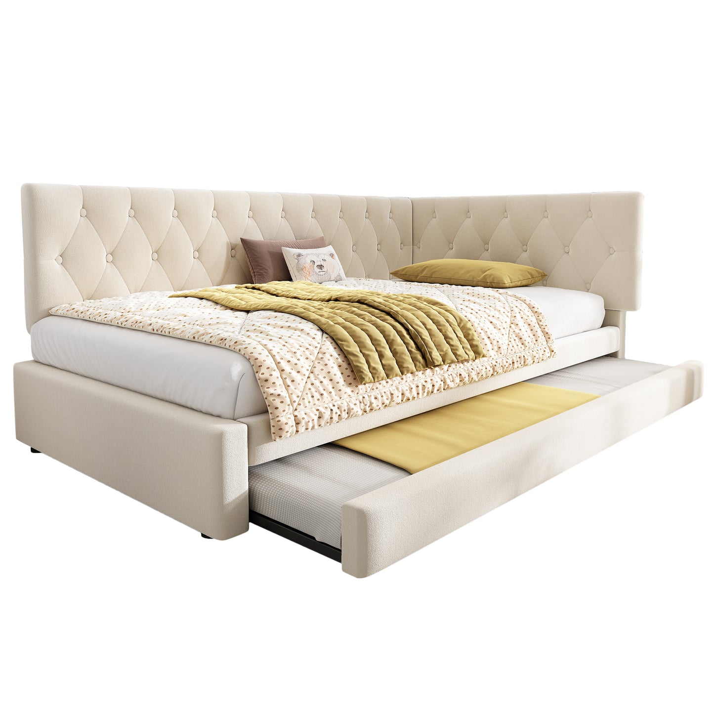 Beige velvet daybed with pull-out trundle, 3ft single sofa bed by HOMCOM, suitable for guests and kids, shown in a cozy room setting.