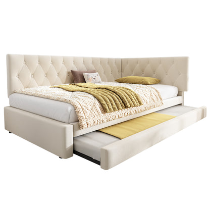 Beige velvet daybed with pull-out trundle, 3ft single sofa bed by HOMCOM, suitable for guests and kids, shown in a cozy room setting.