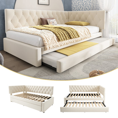 Beige velvet HOMCOM daybed with pull-out trundle, 3ft single sofa bed suitable for guests and kids, with plush cushions and wooden frame.