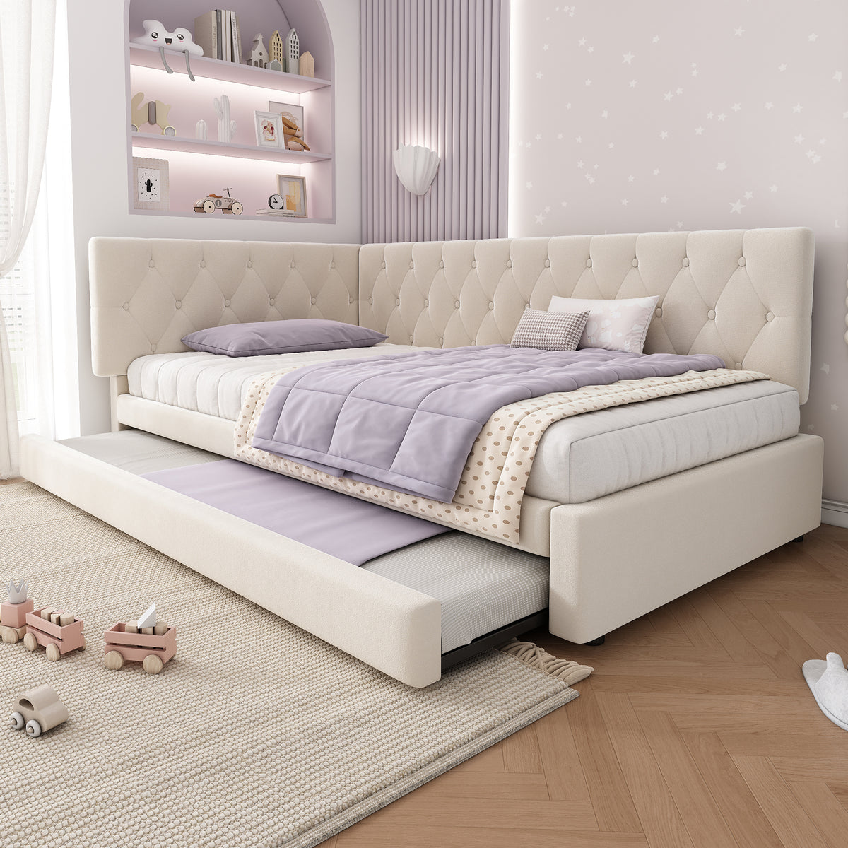 Beige velvet HOMCOM daybed with pull-out trundle, 3ft single sofa bed suitable for guests and kids, with plush upholstery and wooden frame.