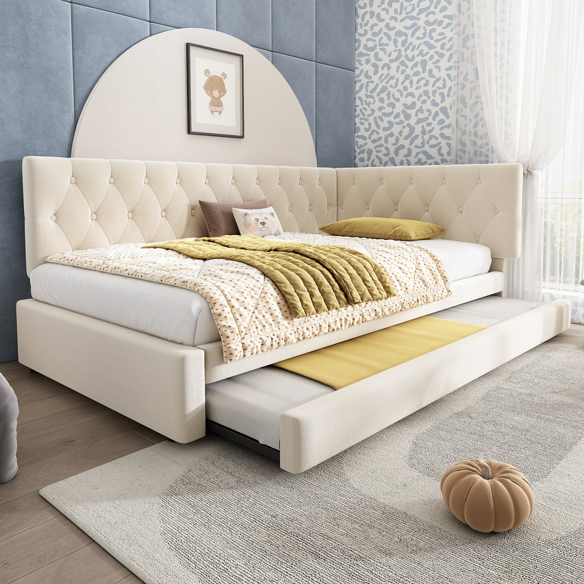 Beige velvet HOMCOM daybed with pull-out trundle, 3ft single sofa bed for guests or kids, featuring a modern design.