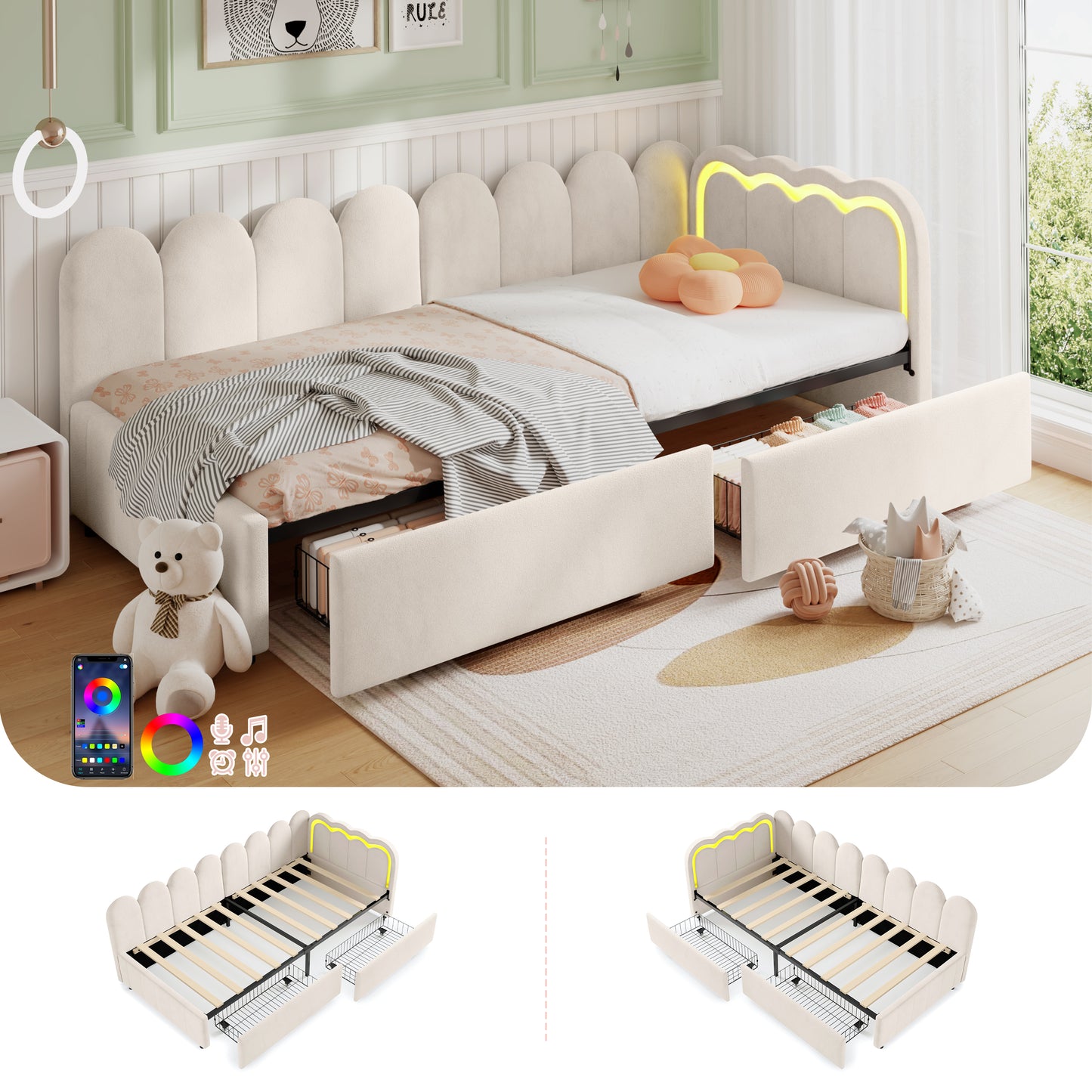 Beige velvet HOMCOM daybed with RGB LED lights, storage drawers, 3ft single sofa bed, showcasing plush fabric and modern design.