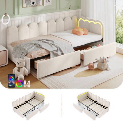 Beige velvet HOMCOM daybed with RGB LED lights, storage drawers, 3ft single sofa bed, showcasing plush fabric and modern design.