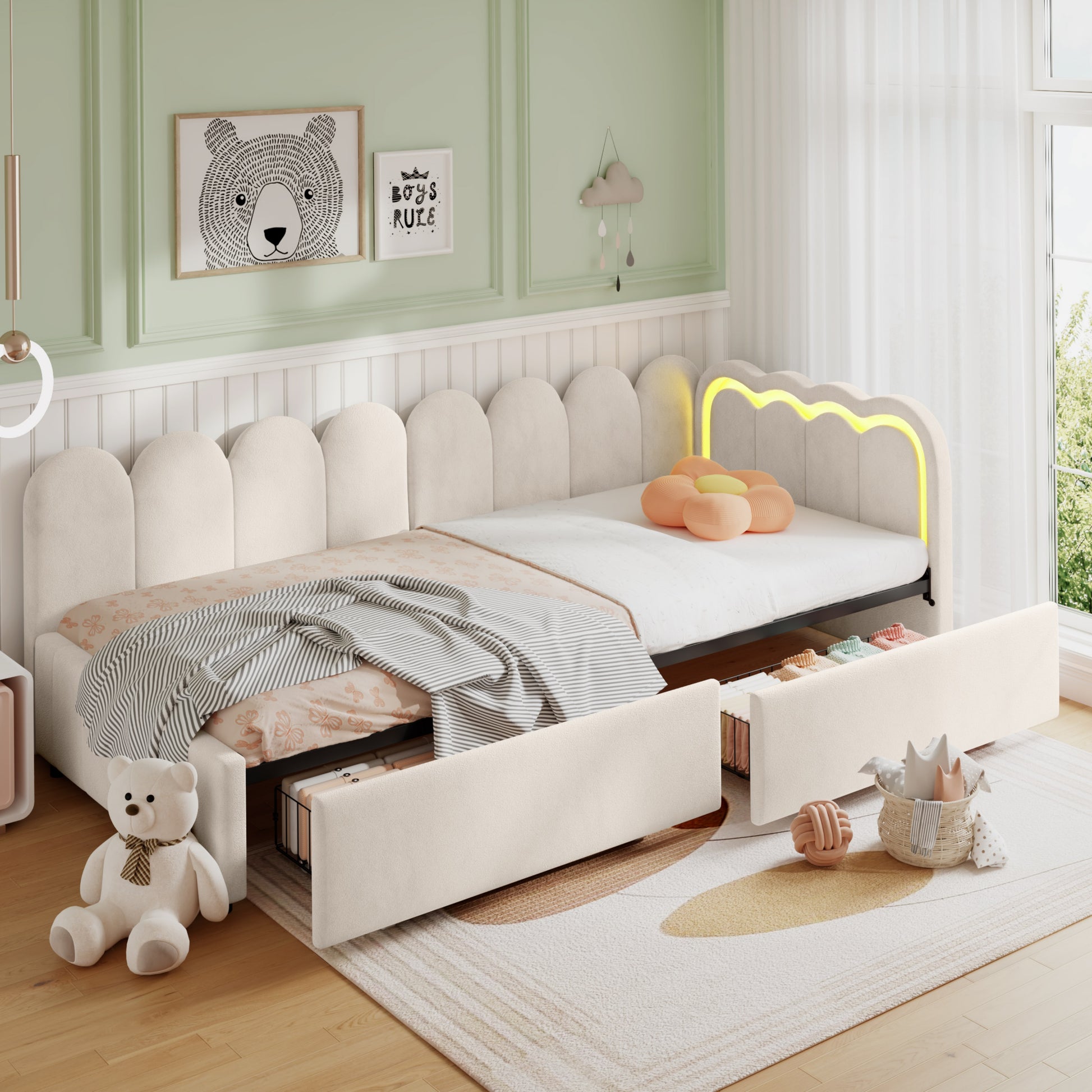 Beige velvet HOMCOM daybed with RGB LED lights, storage drawers, and 3ft single sofa bed design.