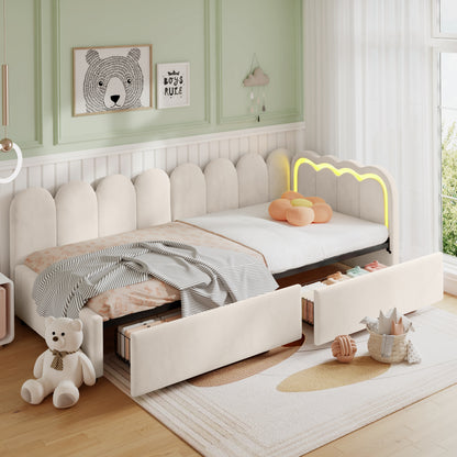 Beige velvet HOMCOM daybed with RGB LED lights, storage drawers, and 3ft single sofa bed design.