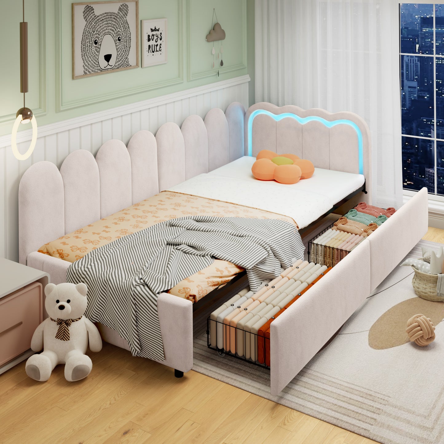 Beige velvet daybed with RGB LED lights and storage drawers, 3ft single sofa bed by HOMCOM, featuring soft upholstery and modern design.