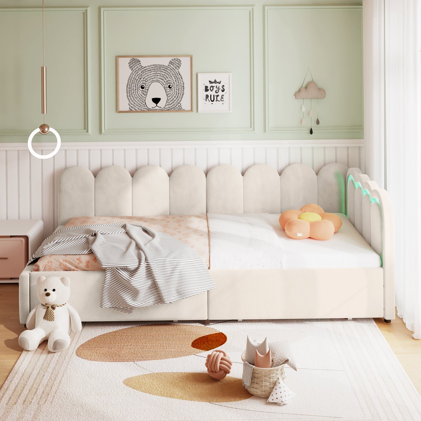 Beige velvet HOMCOM daybed with RGB LED lights, storage drawers, 3ft single sofa bed for versatile bedroom decor.