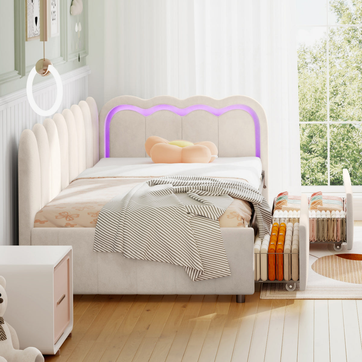 Beige velvet HOMCOM daybed with RGB LED lights and storage drawers, 3ft single sofa bed for modern bedroom decor.