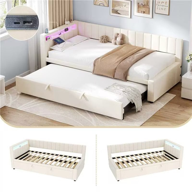 Beige velvet daybed with trundle, RGB LED lights, charging station, 3ft single sofa bed by HOMCOM, modern and cozy design