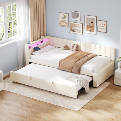 Beige velvet daybed with trundle, RGB LED lights, and charging station, HOMCOM 3ft single sofa bed for modern living spaces.