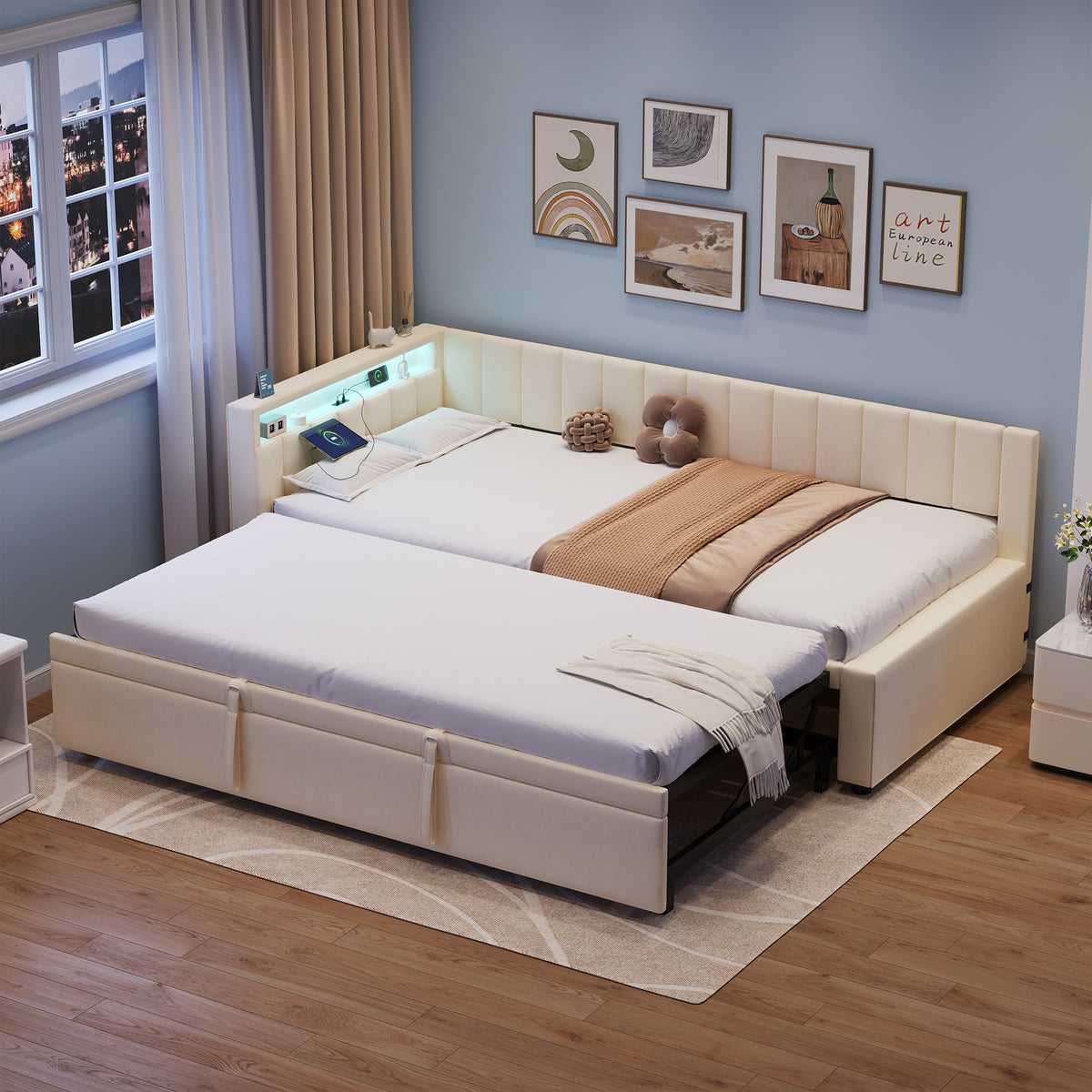 Beige velvet HOMCOM daybed with trundle, RGB LED lights, charging station, 3ft single sofa bed in a cozy bedroom setting.