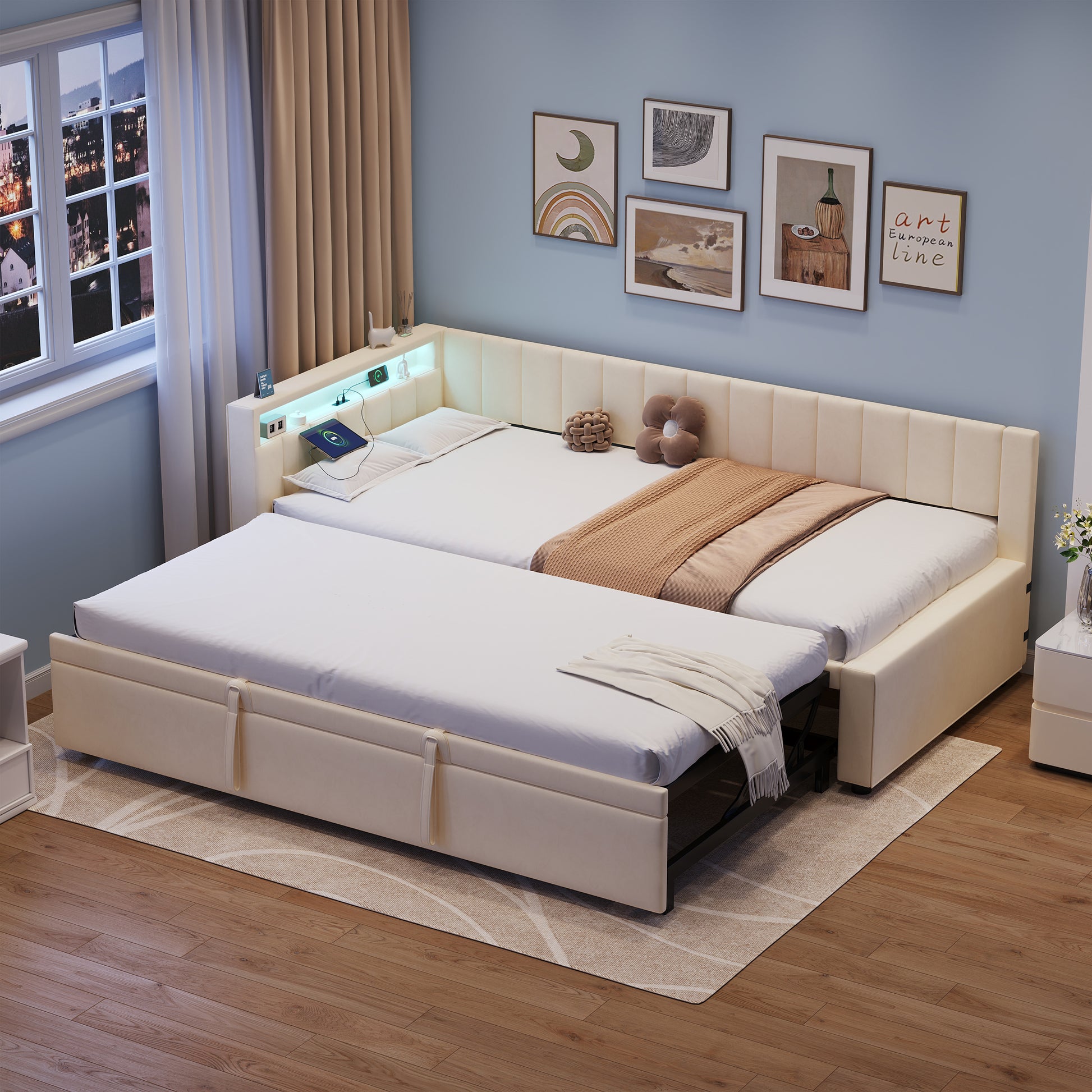 Beige velvet HOMCOM daybed with trundle, RGB LED lights, charging station, 3ft single sofa bed in a cozy bedroom setting.