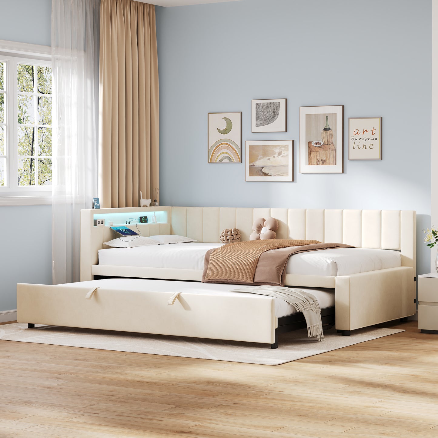Beige velvet HOMCOM daybed with trundle, RGB LED lights, charging station, 3ft single sofa bed in a modern bedroom setting.