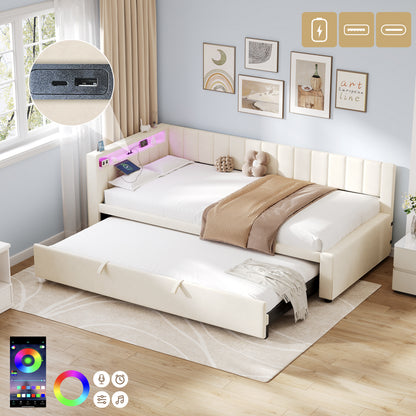 Beige velvet daybed with trundle, RGB LED lights, and charging station, 3ft single sofa bed by HOMCOM.