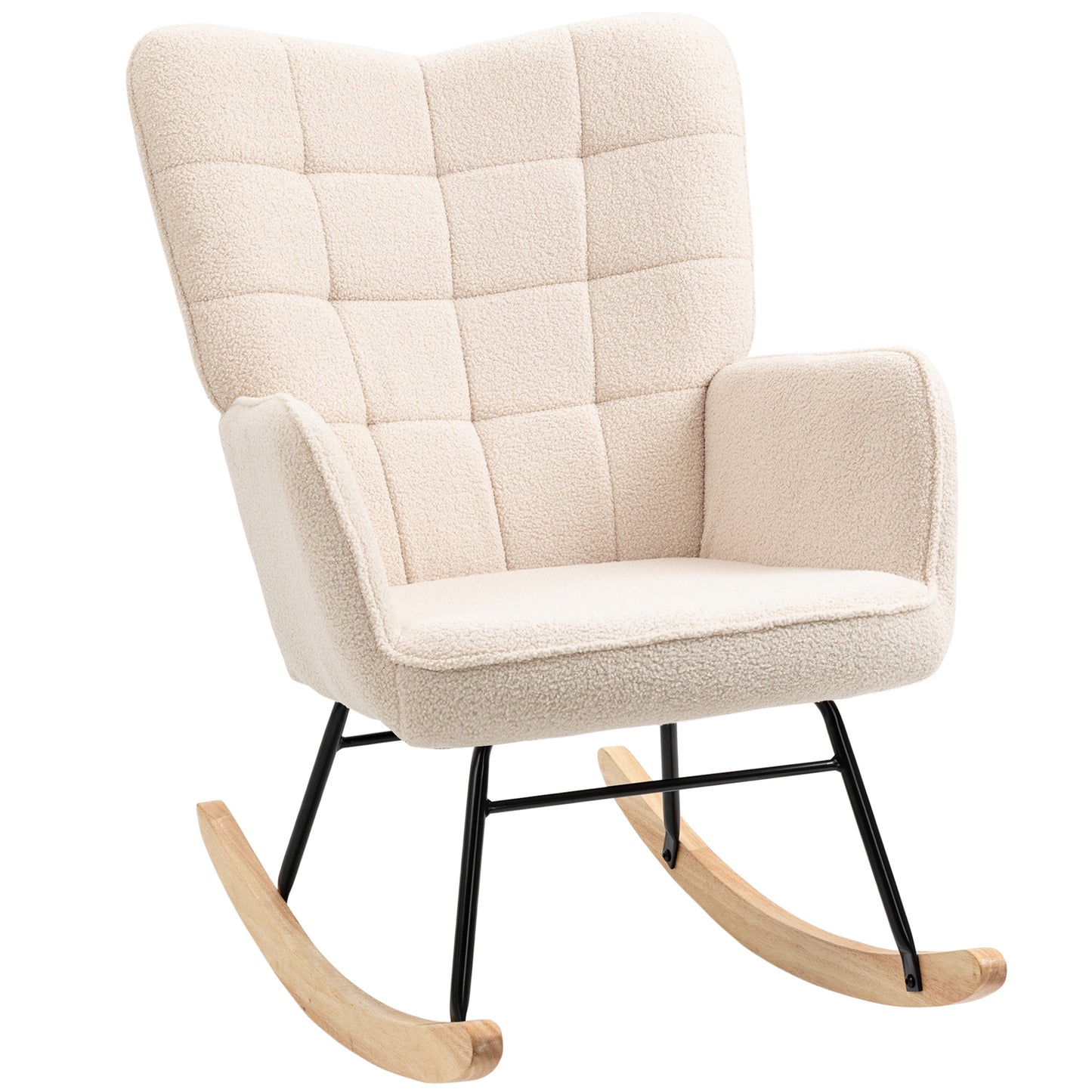 Beige HOMCOM Berber fleece nursery glider rocker with wingback design for nursing and living room relaxation.