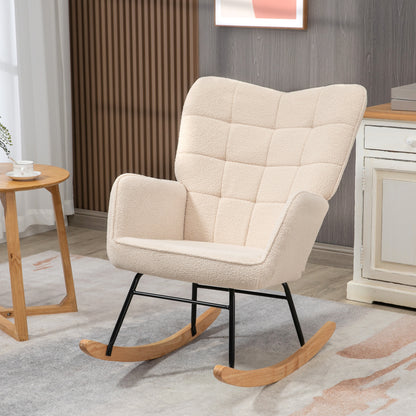 Beige HOMCOM Berber fleece nursery glider rocker chair with wingback design, ideal for nursing and living room comfort.