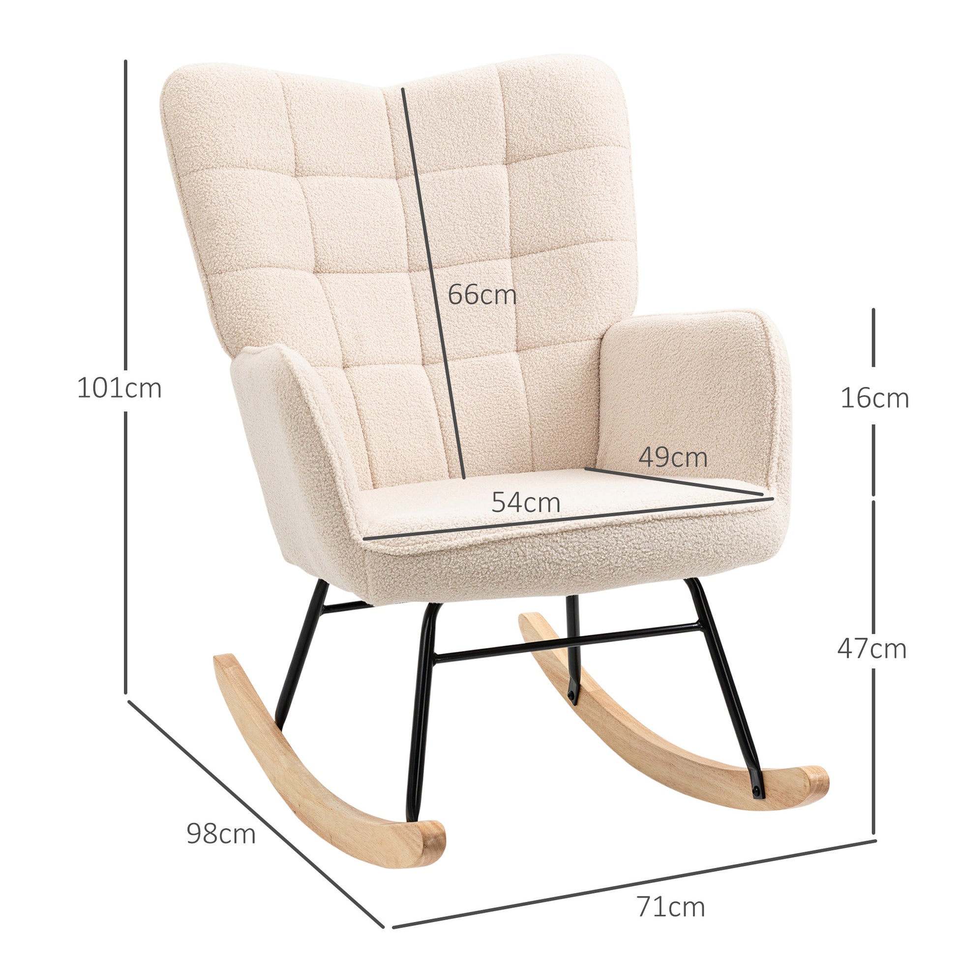 Beige HOMCOM nursery glider rocker chair with berber fleece upholstery, wingback design, ideal for nursing and living room comfort.