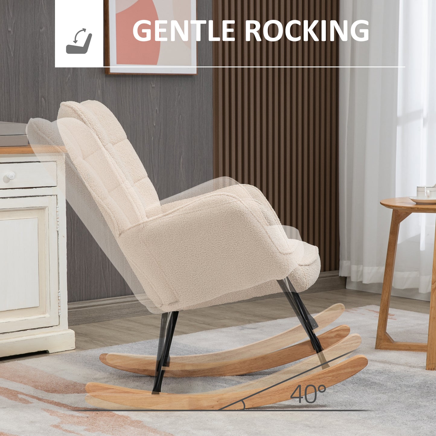 HOMCOM beige Berber fleece nursery glider rocker chair with wingback design, ideal for nursing and living room relaxation.