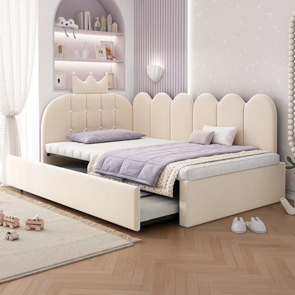 Beige upholstered daybed with crown headboard and pull-out trundle bed by HOMCOM, ideal as a single guest bed in velvet fabric.