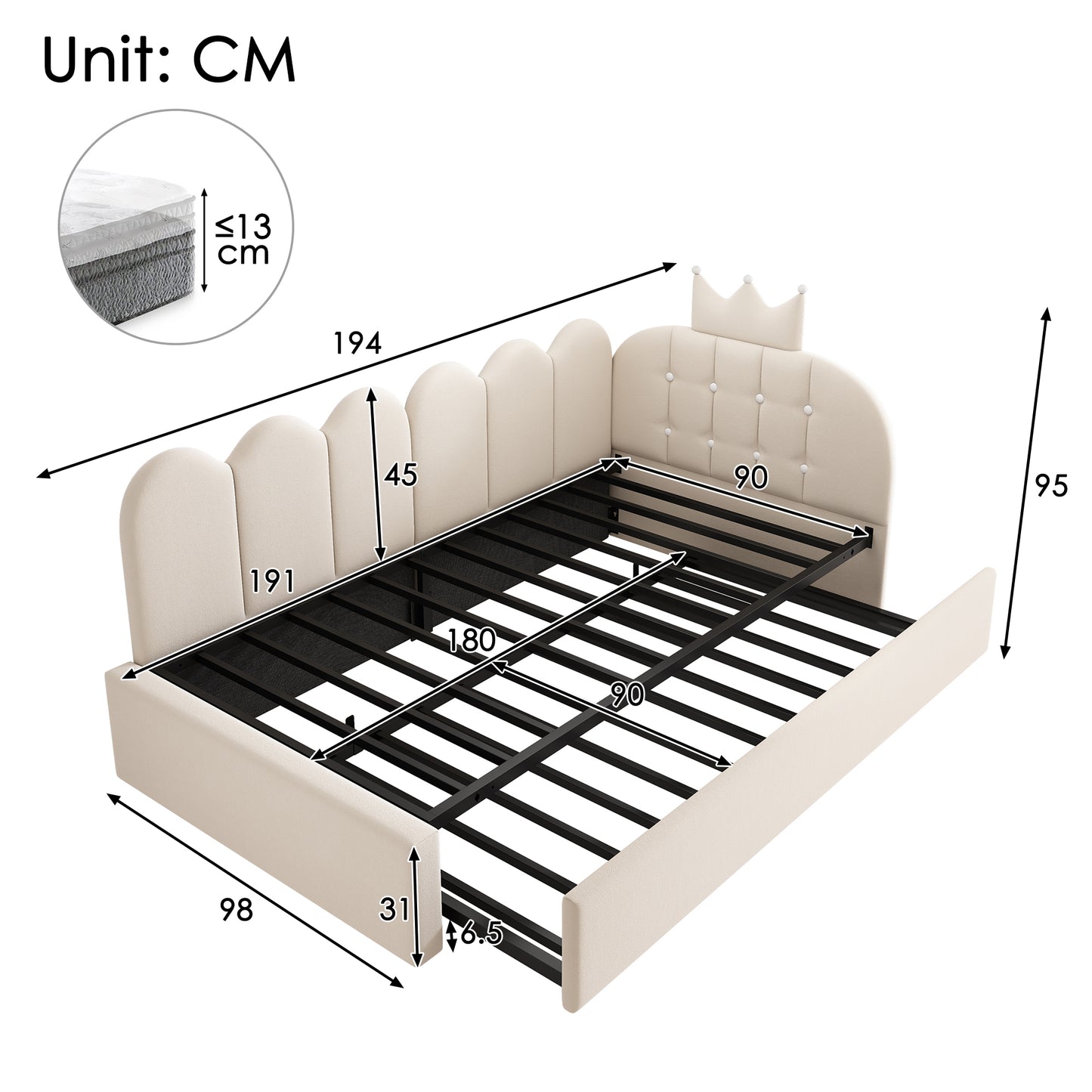 Beige velvet upholstered daybed with crown headboard and pull-out trundle bed, ideal as a guest or single bed by HOMCOM.