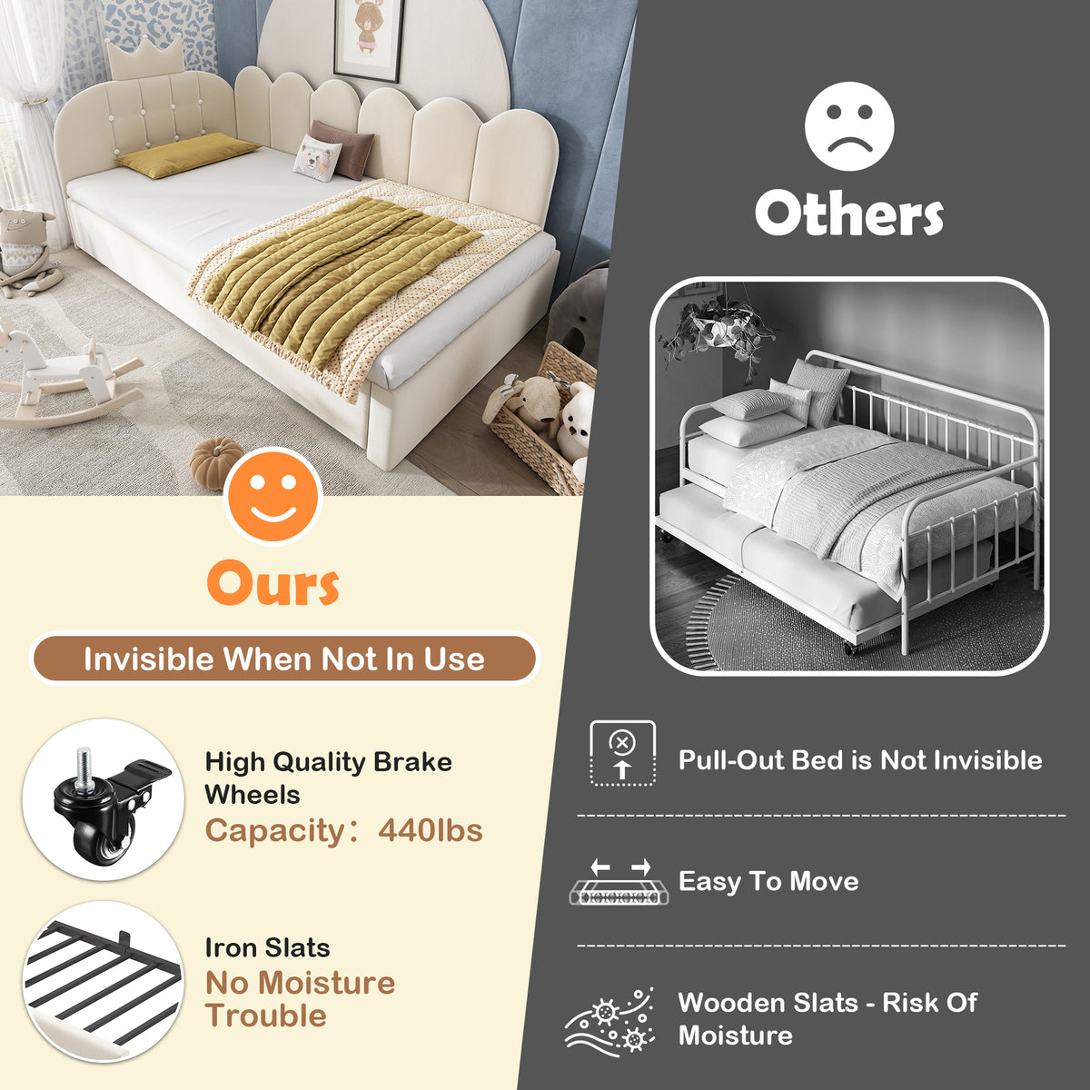 Beige upholstered daybed with crown headboard and pull-out trundle, HOMCOM single guest bed in velvet fabric.