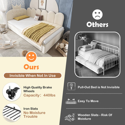 Beige upholstered daybed with crown headboard and pull-out trundle, HOMCOM single guest bed in velvet fabric.