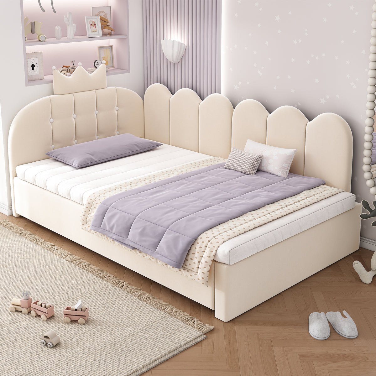 Beige velvet upholstered daybed with crown headboard and pull-out trundle, ideal as a single guest bed by HOMCOM.