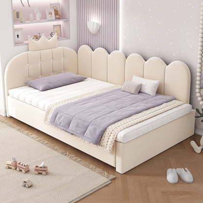 Beige velvet upholstered daybed with crown headboard and pull-out trundle, ideal as a single guest bed by HOMCOM.