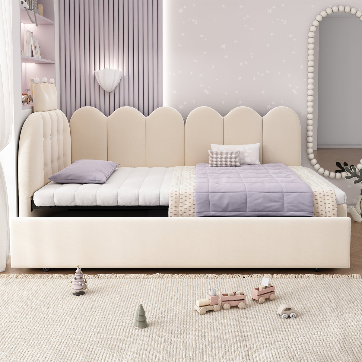 Beige velvet upholstered daybed with crown headboard and pull-out trundle bed, ideal for guest room, by HOMCOM.