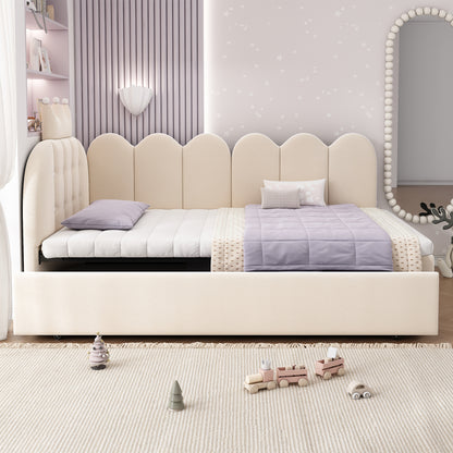 Beige velvet upholstered daybed with crown headboard and pull-out trundle bed, ideal for guest room, by HOMCOM.