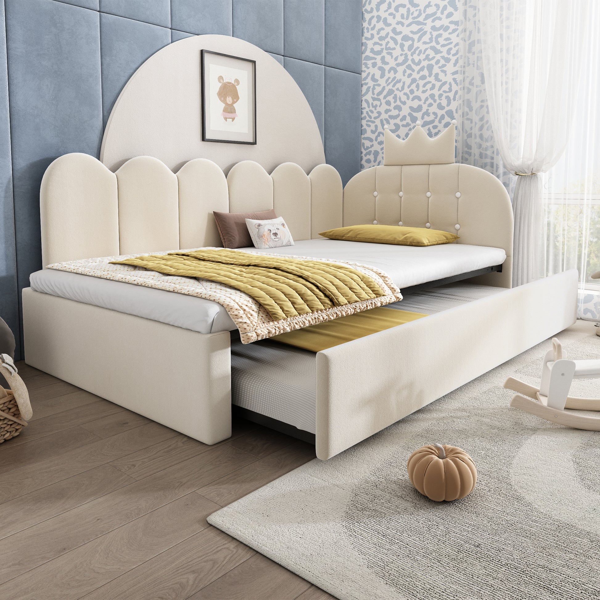 Beige upholstered daybed with crown headboard and pull-out trundle bed by HOMCOM, ideal as a single guest bed in velvet fabric.