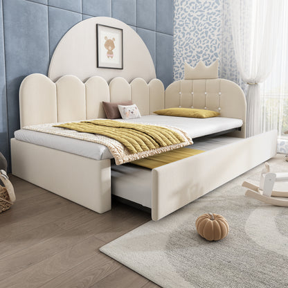 Beige upholstered daybed with crown headboard and pull-out trundle bed by HOMCOM, ideal as a single guest bed in velvet fabric.