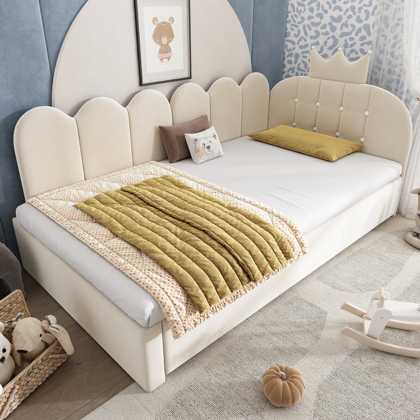 Beige velvet upholstered daybed with crown headboard and pull-out trundle bed, ideal for guest bedroom by HOMCOM.