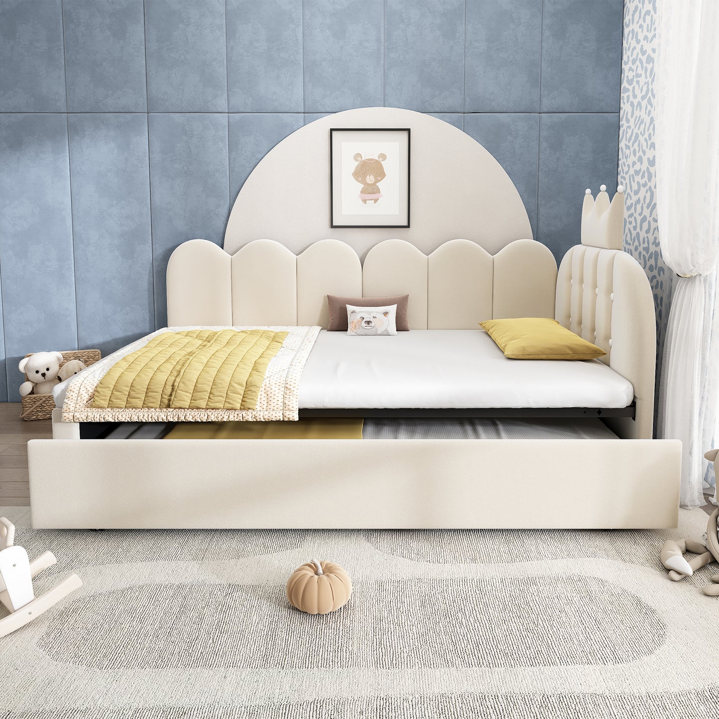 Beige velvet upholstered daybed with crown headboard and pull-out trundle bed, ideal for guest bedroom by HOMCOM.