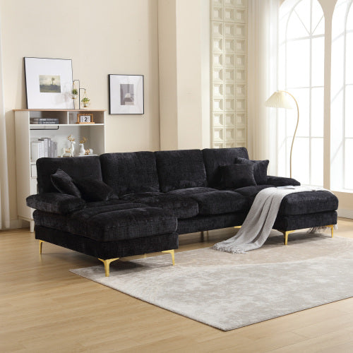 HOMCOM GOMYWAY sectional sofa with double chaise, U-shape design, black chenille fabric, modular living room furniture.