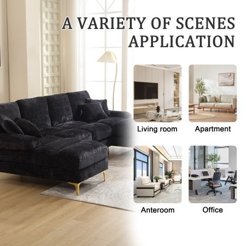 Black HOMCOM GOMYWAY sectional sofa with double chaise, U-shaped modular design and chenille fabric for living room comfort.