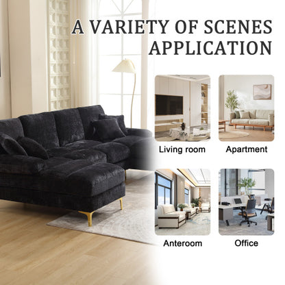 Black HOMCOM GOMYWAY sectional sofa with double chaise, U-shaped modular design and chenille fabric for living room comfort.