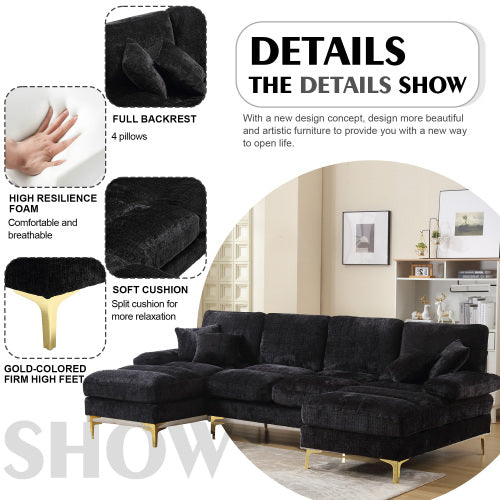 Black HOMCOM GOMYWAY sectional sofa with double chaise, U-shape, chenille fabric, perfect for modern living room furniture.