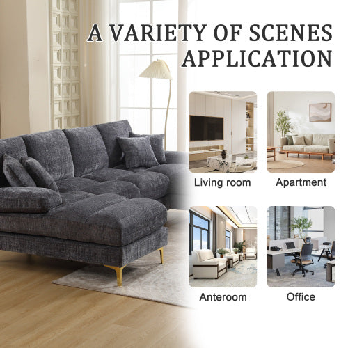 HOMCOM GOMYWAY black sectional sofa with double chaise, U-shape, chenille fabric, ideal for modern living room furniture.