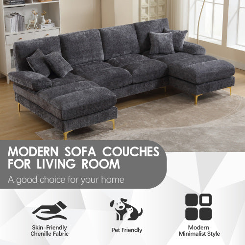 Black HOMCOM GOMYWAY sectional sofa with double chaise, U-shape, chenille fabric, for modern living room home furniture.