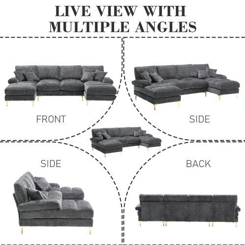 Black HOMCOM GOMYWAY sectional sofa with double chaise, U-shape, chenille fabric, perfect for modern living room furniture.