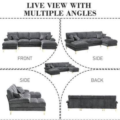 Black HOMCOM GOMYWAY sectional sofa with double chaise, U-shape, chenille fabric, perfect for modern living room furniture.
