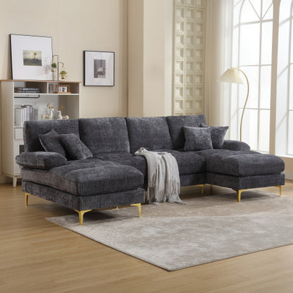Black HOMCOM GOMYWAY sectional sofa with double chaise, U-shape, chenille fabric, for modern living room home furniture.
