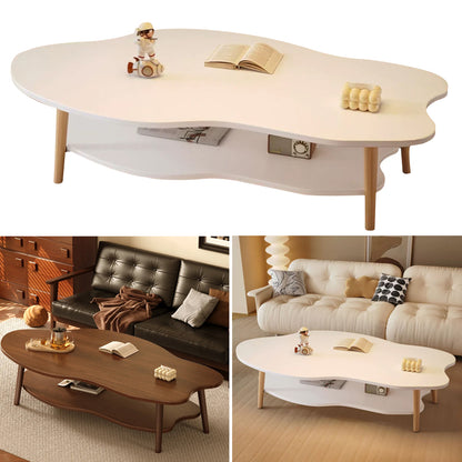 Brown cloud-shaped HOMCOM coffee table with storage shelf and modern 2-tier design for living room decor.