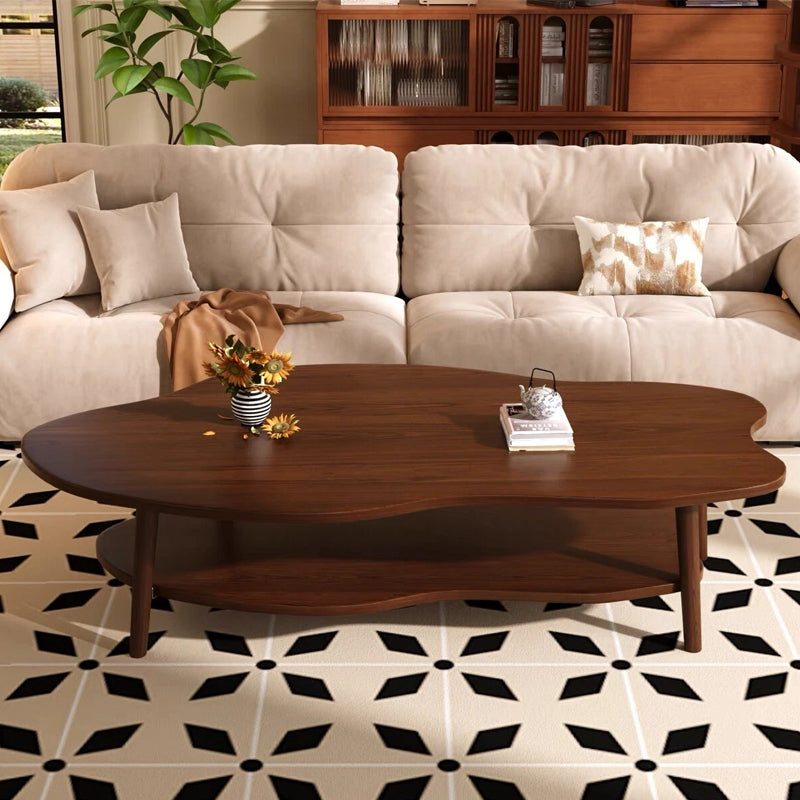 Brown cloud-shaped HOMCOM coffee table with storage shelf and two-tier design for modern living room decor.