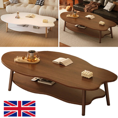 Brown cloud-shaped HOMCOM coffee table with storage shelf and modern 2-tier design for living room decor.