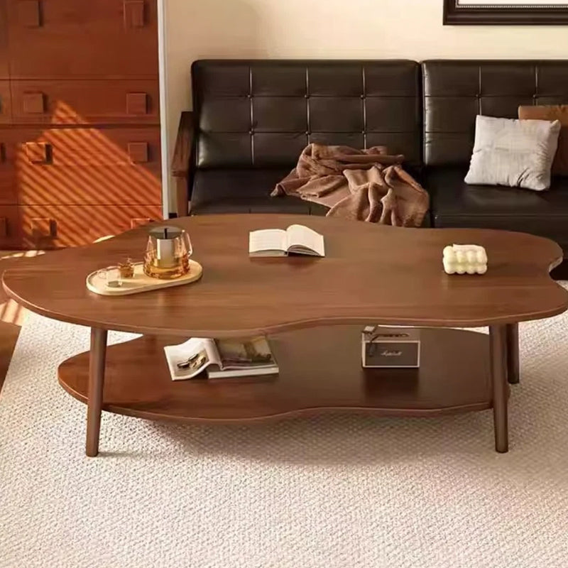 Brown cloud-shaped HOMCOM coffee table with storage shelf and modern 2-tier design for living room decor.