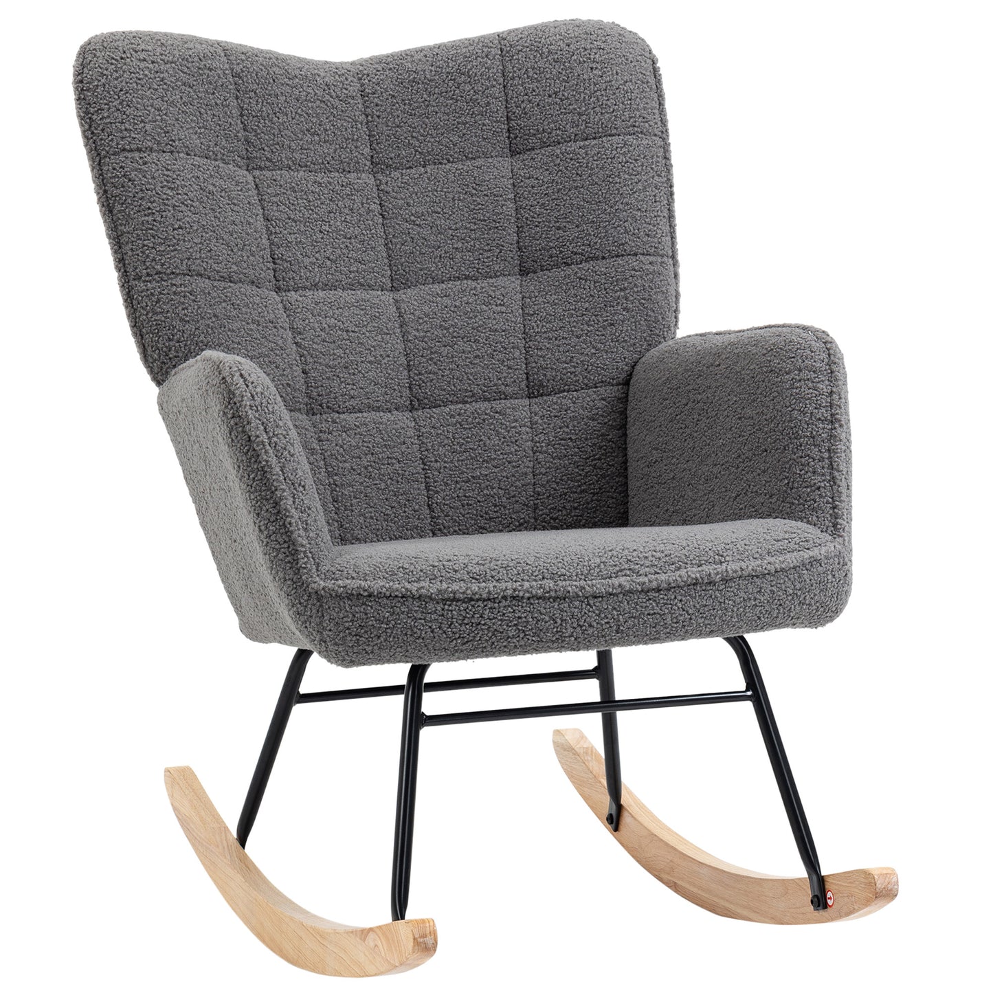 Dark grey HOMCOM nursery glider rocker with berber fleece upholstery, wingback design, ideal for nursing and living room comfort.