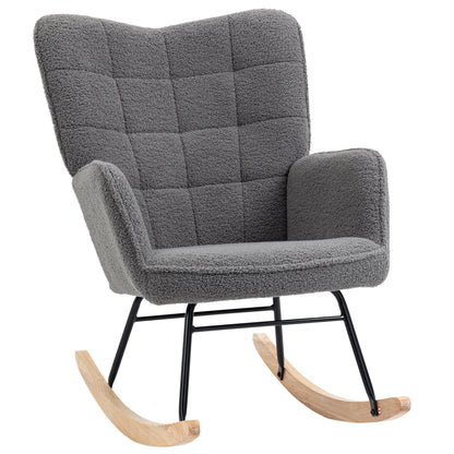 Dark grey HOMCOM nursery glider rocker with berber fleece upholstery, wingback design, ideal for nursing and living room comfort.
